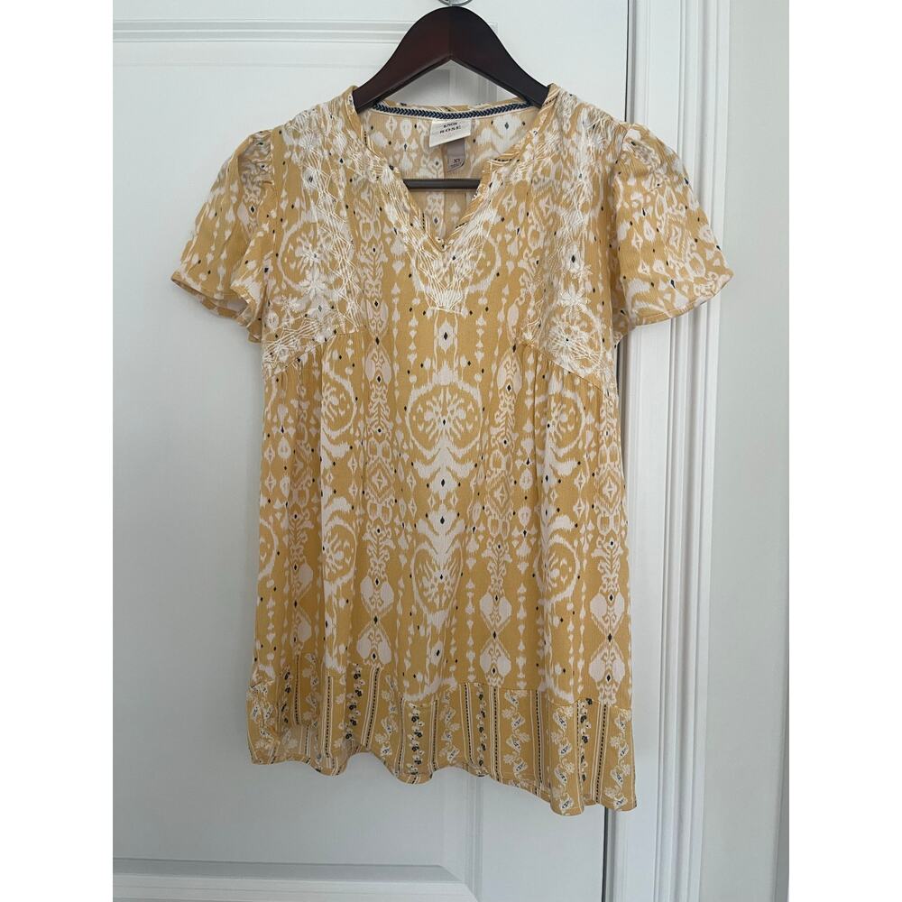 Knox Rose Top Womens Size XS Yellow Embroidered Printed Short Sleeve Peasant
